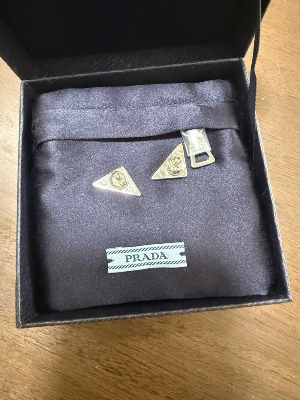 Prada Black and Silver Triangle Logo Studs - Picture 4 of 5